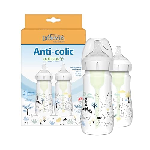 Dr. Brown's Anti-Colic Options + Wide-Neck Baby Bottle Designer Edition Dino Decos, 9oz/270mL, Level 1 Slow Flow Nipple, BPA-Free, 0m+, 2-Pack