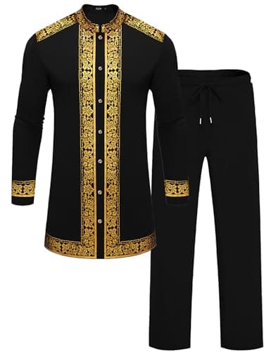 ZSJR Mens African 2 Piece Set Nigerian Dashiki Metallic Traditional Suit Gold Stamp Printed Shirt and Pants Outfit