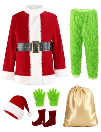 Buheco Christmas Costume for Men 7PCS Deluxe Adult Santa Outfit Suit Professional Xmas Halloween Cosplay Adults