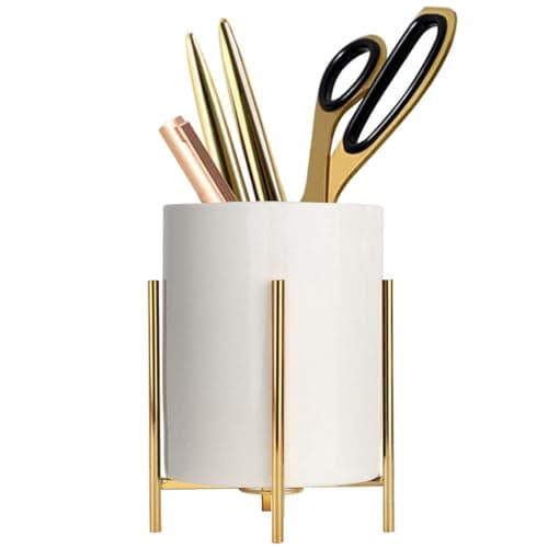 SIEBOLD Gold pencil cup Sturdy metal frame with white ceramic pen holder For desks and kitchen appliance holders(1set 4.6-3.14in), Goldsquare frame set