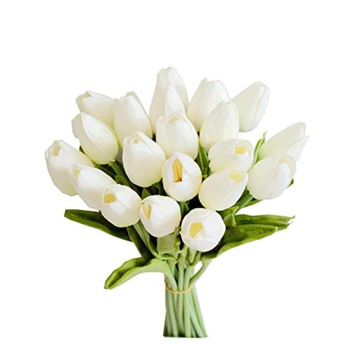 Mandy's Artificial Tulips 20 Stems White PU Faux Flowers for Valentine's Day and New Year Decorations Wedding Home Decor 13.5 Inch