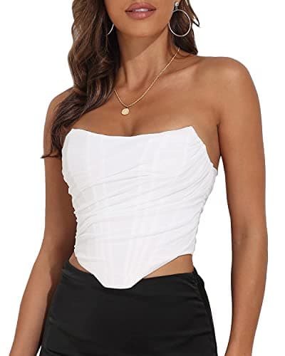 Women's Vintage Strapless Open Back Boned Mesh Bustier Zip Back Corset Bodyshaper Crop Top (White, 0-2)