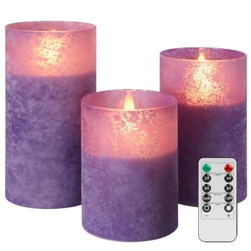 HJANDHJ Flickering Flameless Candles with 10-Key Remote - Sandblast Glass LED Pillar Candles with Timer, Real Wax Battery Operated Candles for Home Wedding Decorations (Purple, Set of 3)