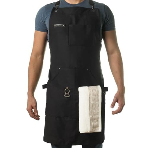Asaya Chef, BBQ and Work Apron with Bottle Opener and Hand Towel - Durable 10oz Cotton Canvas, Stainless Steel Hardware and Cross Back Straps - For Men, Women, Grilling, and Cooking (Black)