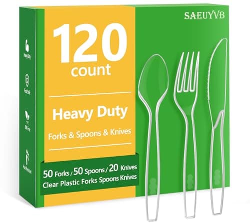 120 Count Plastic Silverware Heavy Duty-50 Forks,50 Spoons,20 Knives,BPA-Free,Disposable Plastic Utensils Set,PlasticCutlery Set,Suitable for Party Everyday Use