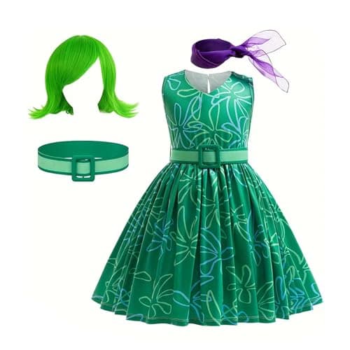 WYB Girls Green Disgust Costume Joy Cosplay Dress Party Cosplay Dress up Birthday Christmas Outfits with Wig