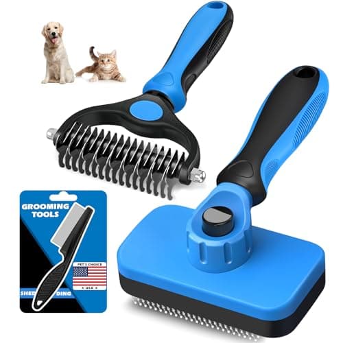 3PCS Self Cleaning Slicker Brush & Pet Grooming Rake & Flea Comb for Dogs,Cats and Horses | Double-Sided Dematting Comb & Skin Friendly Deshedding Grooming Tool | Premium Pet Supplies (Blue Black)