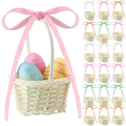 Weysat 18pcs Mini Easter Baskets with Handles Easter Party Favor Supplies Mini Woven Rattan Flower Baskets with Colorful Ribbon for Tiny Party Favors, Arts with DIY Crafts