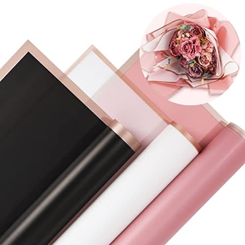 Whaline 30 Sheet Floral Wrapping Paper Folded Flat Pink Black White Waterproof Flowers Bouquet Packaging Paper with Rose Gold Border Double Sided Florist Packaging Paper for Wedding Birthday Flower