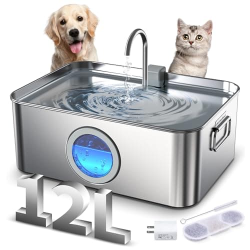 Dog Water Fountain Stainless Steel 12L/410oz/3.2Gal, DYSJ01 Ultra Quiet Pet Water Fountain for Large Dogs Cats & Multi-Pet Home with Water Level Window & LED Indicator