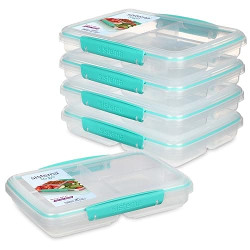Sistema 5-Piece Food Storage Containers with 3 Compartments and Lids for Meal Prep, Dishwasher Safe, 11.8oz, Clear/Green