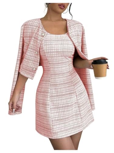 SOLY HUX Women's 2 Piece Outfits Plaid Long Sleeve Button Down Cropped Jacket and Sleeveless Mini Dress Sets Pink Plaid Small