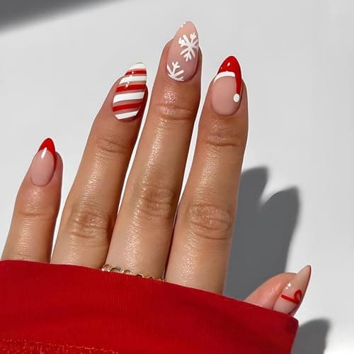 Christmas Press on Nails Medium Almond MABKJLF Red French Tip Fake Nails False Nails with Designs Cute Christmas Hat Snowflake Bow Glossy Glue on Nails for Women Girls 24 Pcs