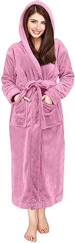 NY Threads Women's Fleece Hooded Bathrobe Plush Long Spa Robe, Medium, Pink