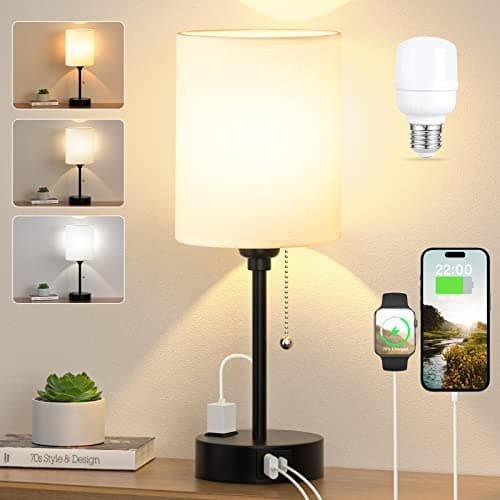 Small Bedside Table lamp for Bedroom - 3 Color Temperatures Bedside Lamps with USB C and A Ports, Pull Chain Table Lamps with AC Outlet, White Nightstand Lamps with Black Metal Base for Kids Reading