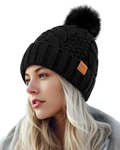 PIOZAED Women's Winter Pompom Beanie Warm and Cozy Knit Hat Fleece Lining Skull Cap for Women Black