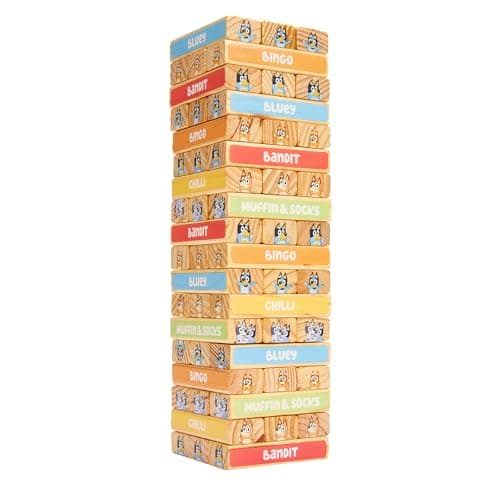 Bluey Tumbling Tower – 54 Colorful Wooden Blocks – Fun Family Game – FSC Certified for Children 3 Years and Up