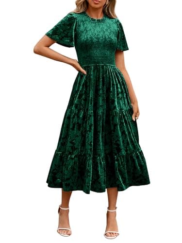 Simplee Velvet Dress for Women Semi Formal Short Sleeve Floral Smocked Empire Waist Fall Winter Wedding Guest Dresses Green,M
