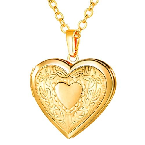 U7 Women 14K Gold Plated Heart Photo Locket Pendant Necklace, 22" Chain