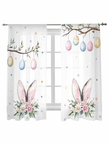 IDOWMAT Sheer Curtains 63 Inch Long - Spring Easter Rabbit Ears with Eggs Branches Rod Pocket Window Curtain, White Voile Drapes for Bedroom Living Room Kitchen Windows,2 Panels