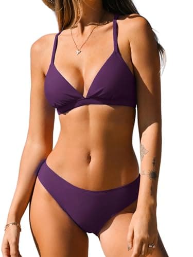 CUPSHE Bikini Set for Women Two Piece Swimsuits V Neck Low Rise Crisscross Back Self Tie Spaghetti Straps,S Grape Purple