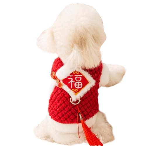 FLAdorepet Dog Chinese New Year Outfit Costume with Fu Character,Pet Cat Spring Festival Christmas Clothes Qipao Vest with Leash Ring for Small Medium Dogs (Red, XL)
