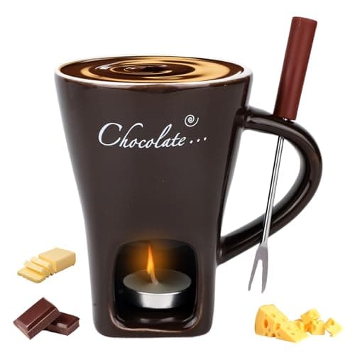 Chocolate Fondue Mug with Fork and Tealights, Sweet Chocolate Melting Cup Ceramic Fondue Pot Set for Cheese Caramel & Candy, Ideal Date Night Birthday Wedding Gifts (Dark Brown)