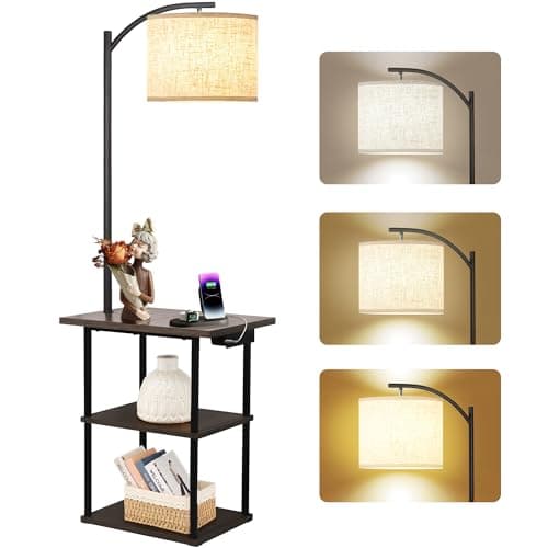 PESRAE Floor Lamp with Table, End Table with Charging Station(USB & Type-C & AC Port), 3 Color Temperatures 9W LED Bulb, Modern Shelves Side Table for Bedroom, Living Room