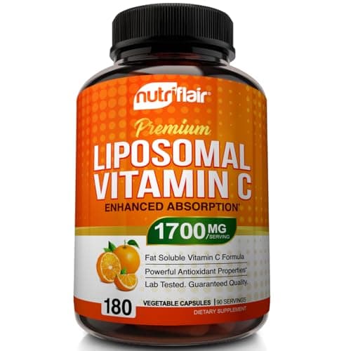 NutriFlair Liposomal Vitamin C 1700mg, 180 Capsules - High Absorption, Fat Soluble VIT C, Antioxidant Supplement, Higher Bioavailability Immune System Support & Collagen Booster, Non-GMO, Vegan Pills