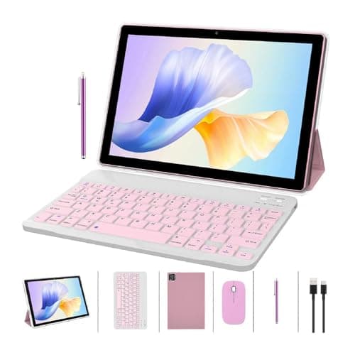 ZZB 2 in 1 Tablet with Keyboard Case Mouse Stylus Pen, 10 inch Tablet Android 14.0 Tablets PC Set, 8GB RAM+64GB ROM Tableta Computer 10.1" IPS Screen 2MP+8MP Dual Camera WiFi BT Tab Pink/Girls