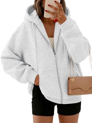 Trendy Queen Womens Zip Up Hoodies Oversized Sweatshirts Fall Fashion Spring Outfits Casual Jackets 2026 Winter Clothes Grey M
