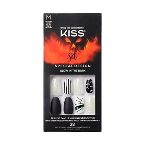 KISS Special Design Halloween Fake Nails, Glow-In-The-Dark, Style ‘Howling For You’, with Pink Gel Nail Glue, Mini Nail File, Manicure Stick, & 28 False Nails