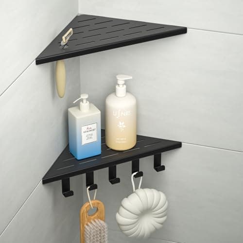 Bernkot 10‘’ Corner Shower Shelf, 304 Stainless Steel Shelves for Bathroom, Grout in Shelf with Hooks for Tiled Wall (Matte Black)