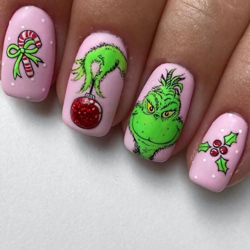 Christmas Press on Nails Short Square Fake Nails Pink Stick on Nails Winter False Nails with Fun Cartoon Green Haired Monster Designs Xmas Candy Cane Press on Nails for Women Girls Holiday Manicure