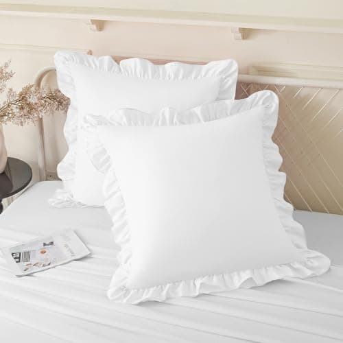 KKJIAF Ruffle Pillow Cases 18x18 Inches, White Square Ruffled Pillow Covers Set of 2, Microfiber Wrinkle Resistant Pillow Shams with Envelope Closure for Sofa Bed Living Room