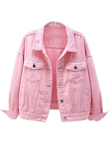 Locachy Women's Casual Denim Jacket Solid Color Basic Long Sleeve Jean Jacket Coat Pink M