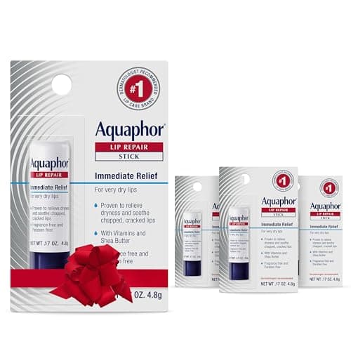 Aquaphor Lip Repair Stick with Jojoba Oil and Shea Butter, Moisturizing Lip Balms, Fragrance Free and Paraben Free, Holiday Gifts for Self Care, 0.17 Oz Stick, Pack of 4