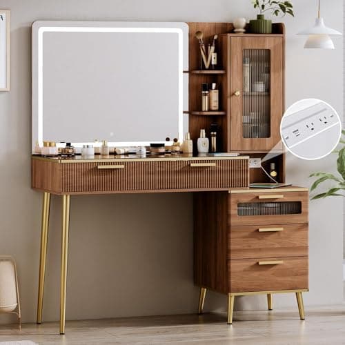 Chrangmay 47.24" Big Modern Vanity Desk with Mirror and Lights,Makeup Vanity Desk with 5 Drawers and Storage Shelves & Power Outlet,Dressing Table with Glass Top, Brown