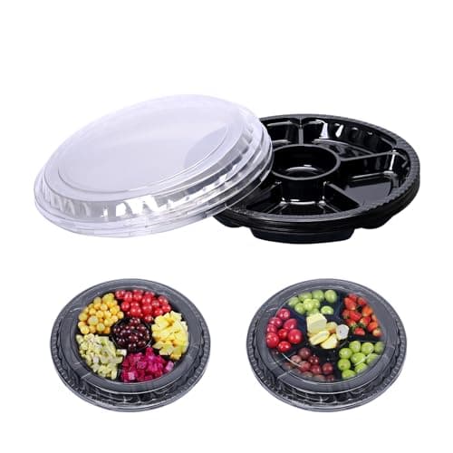 10 Pcs Plastic Appetizer Serving Tray with Lid Round 12.5 Inch Tray with Lid Disposable Serving Fruit Veggie Tray with 6 Divided Compartment Tray Fruit Snack Veggie Trays for Catering for Party