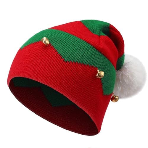 Winter Christmas-Elf Beanie-Hats for Women-Men Xmas Warm-Soft Knit-Hat White-Pom Red-Green-Bells Santa-Party-Hat Medium