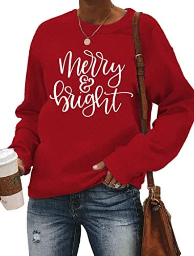 Christmas Sweatshirt Women Merry and Bright Christmas T-Shirt Funny Xmas Lights Blouse Tops Holiday Shirts(Red L)