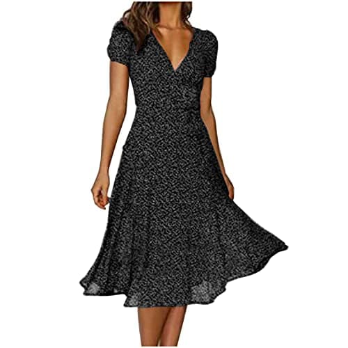 Womens Summer Wrap V-Neck Tie Waist Dress Bandage Boho Print Casual Short Sleeve Maxi Dress Vacation Midi Sundress