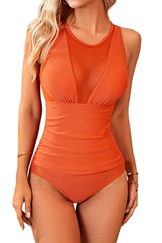 NEOSAN Women's One Piece Swimsuit V Neck Mesh Beach Bathing Suit Monokinis Mesh Orange XL