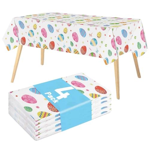 Airbin Easter Tablecloth, 4 Pcs Easter Colorful Eggs Tablecloth, Plastic Table Cloth Disposable 108 x 54 Inch Spring Holiday Rectangle Plastic Table Cover for Tables Decorations Party Supply Decor