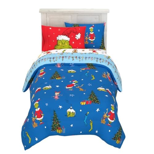 Franco Grinch by Dr. Seuss Holiday & Christmas Bedding Soft Comforter and Sheet Set with Sham, 5 Piece Twin Size, (Official Dr. Seuss Product)