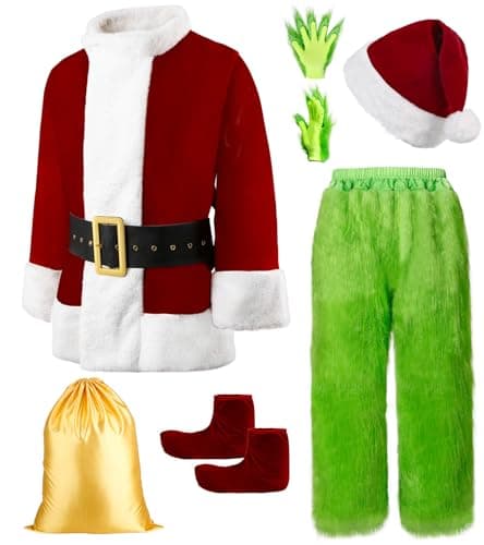 Semana Christmas Green Costume for Men 8 Pcs Furry Adult Santa Claus Costume Santa Suit