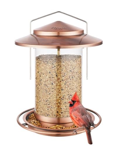 iBorn Metal Bird Feeder for Outside Hanging,Wild Bird Feeders for Cardinal,18cm Large Roof&Tray Brushed Copper 6 Port (Seed is not Included)