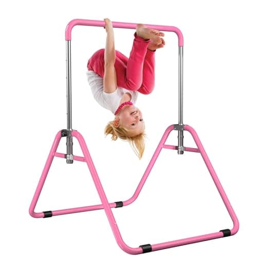 WATBKHE Gymnastics Bar for Kids Age 3-7 Years Old, Gymnastic Equipment for Kids Home, Adjustable & Folding Gymnastic Training Bar for Hanging, Pull Up, Tumbling Workout for Girls Boys (Pink-S)