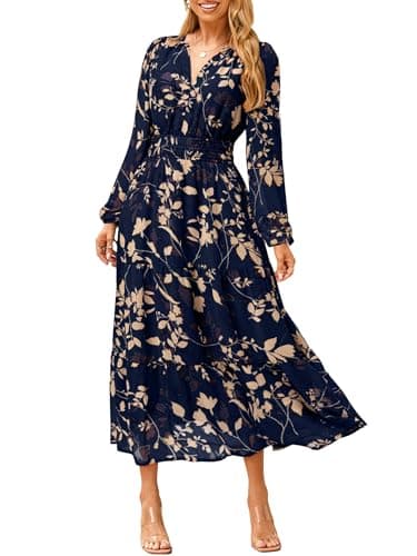 Simplee Women's Floral Boho Long Sleeve Maxi Dress V Neck Empire Waist Swing Flowy Wedding Guest Dress Navy Blue Floral M