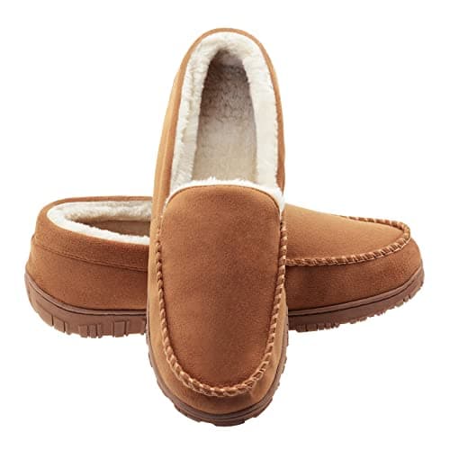 Moccasins for Men House Slippers Indoor Outdoor Plush Mens Bedroom Shoes with Hard Sole Beige 11 M US